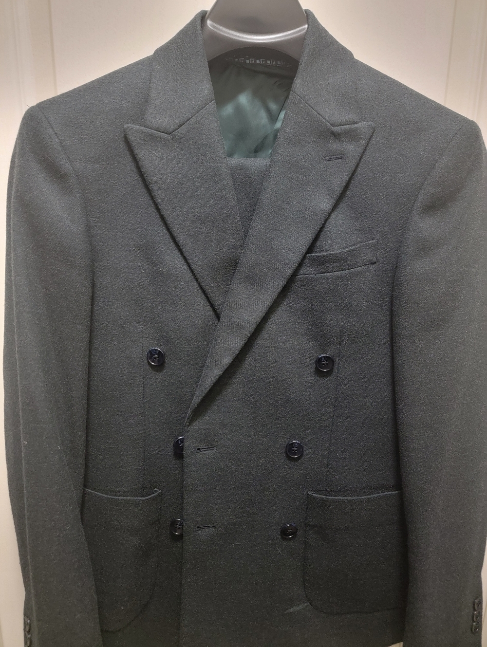 Men's Double-Breasted Wool Suit -  Dark Green/Gray